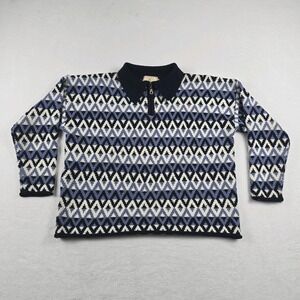 Express Tricot 1/4 Zip Pullover Vintage Sweater Large Collar Blue White Roll Hem